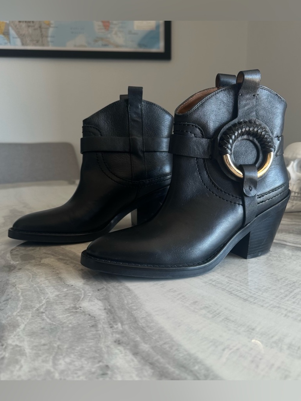 See by Chloe Hana Cowboy Black Leather Harness Ankle Boots